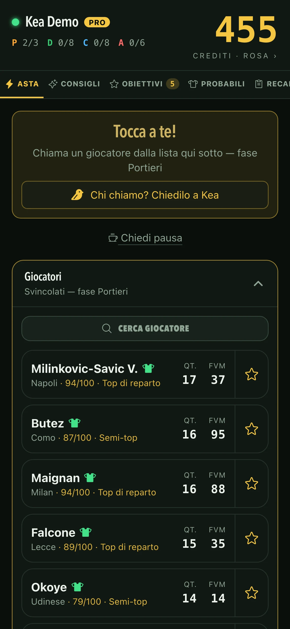 Schermata Tocca a te: la lista degli svincolati si apre da sola